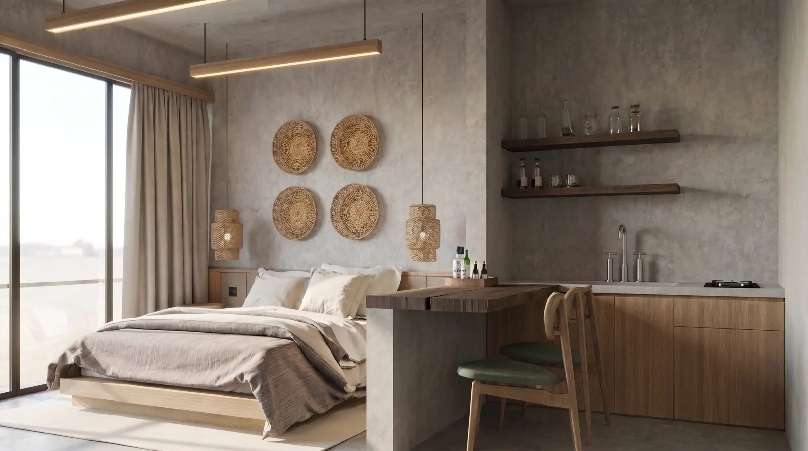 Cocina y mesa de trabajo junto al dormitorio